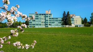 Ein modernes Gebäude mit grüner Fassade und zahlreichen Fenstern, umgeben von einer grünen Wiese und blühenden Bäumen.
