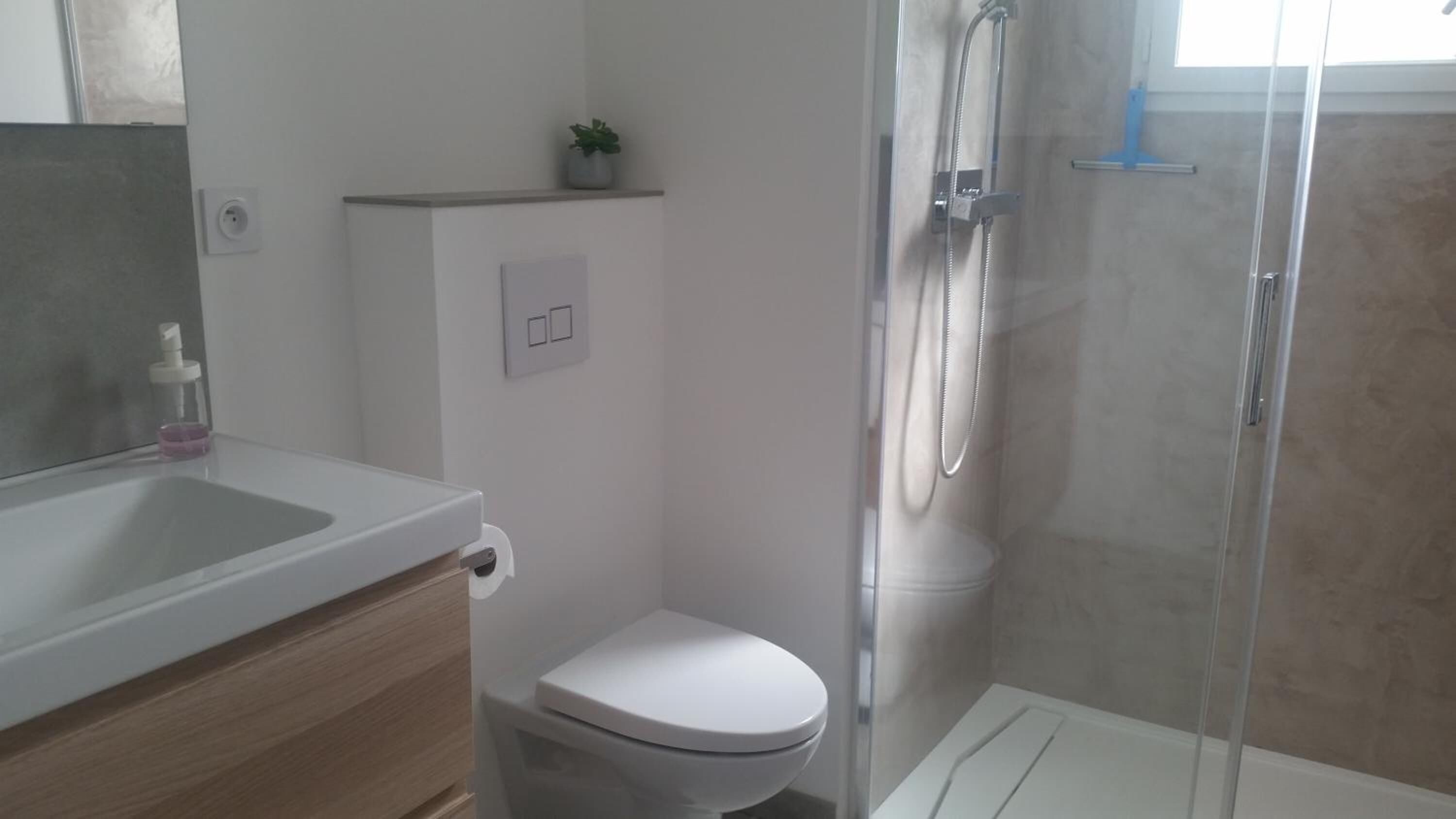 A bathroom with a toilet, a shower, and a sink.