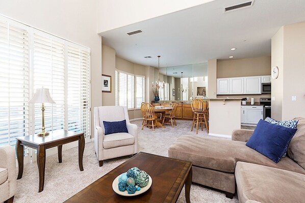 Flat-screen TV, fireplace, DVD player, video library