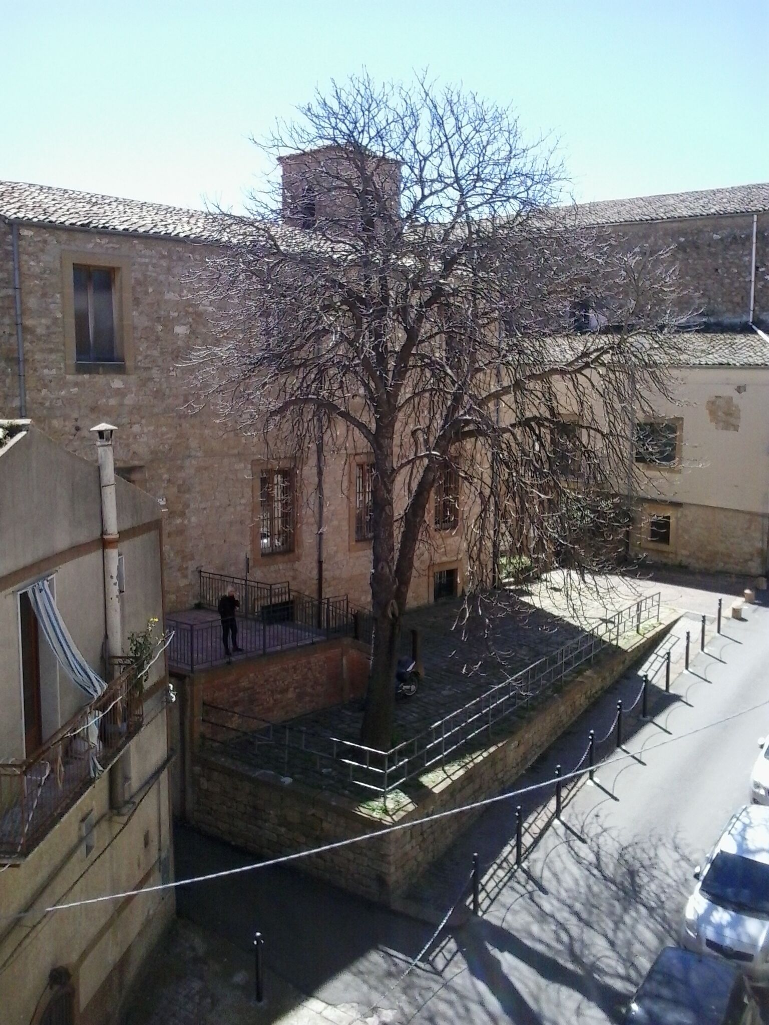 A tree-lined courtyard with stone buildings, a paved area, and a metal fence.