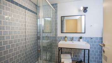 Shower, hair dryer, towels, toilet paper