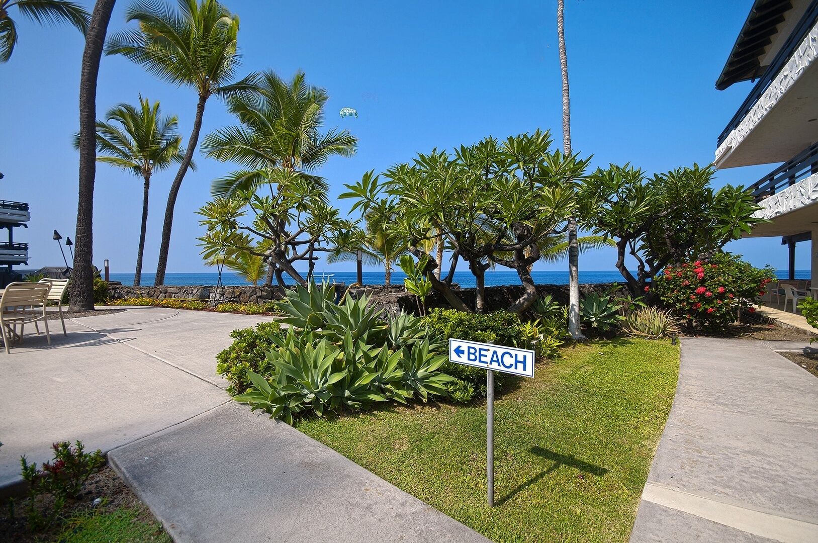 Un hôtel situé en bord de mer, avec un panneau indiquant la direction de la plage, des palmiers et une vue dégagée sur l’océan.