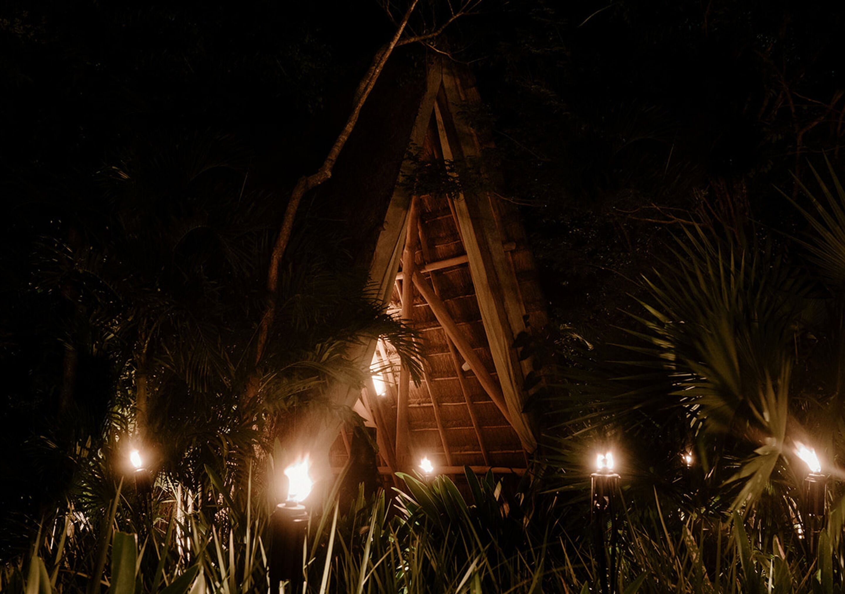 A wooden structure with a thatched roof surrounded by palm trees and illuminated by several lights.