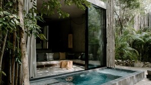 A modern outdoor pool area with a glass enclosure, stone steps, and a seating area with cushions. - Hotel Bardo Adults Only (Tulum)