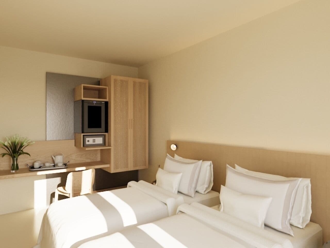 Habitación con 1 cama doble o 2 individuales | Caja fuerte, decoración individual, mobiliario individual y escritorio