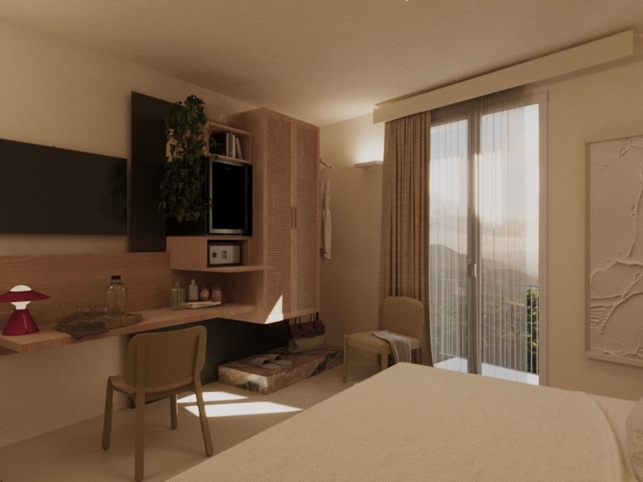 Habitación doble, balcón | Caja fuerte, decoración individual, mobiliario individual y escritorio