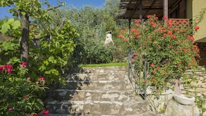 Un escalier en pierre mène à un bâtiment doté d’un toit en bois, qui est entouré d’une végétation luxuriante et de plantes en fleurs.