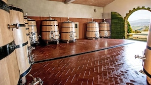 A wine cellar with wooden barrels and a brick floor. - Nice apartment in villa for 2 guests with WIFI, A/C, pool, patio and panoramic view (Cinigiano)