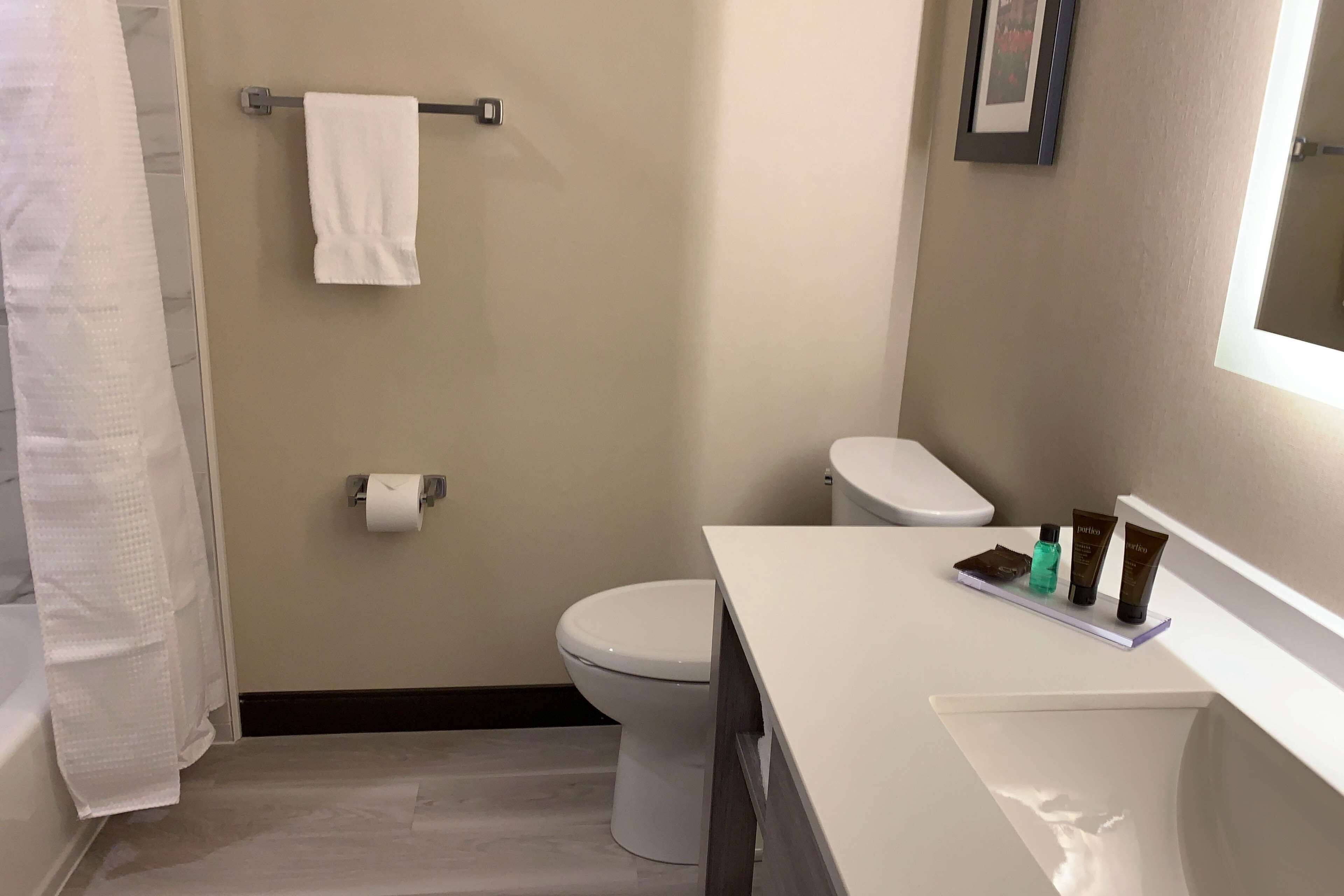 Une salle de bain équipée de toilettes, d’un porte-serviettes, d’un rouleau de papier toilette et de produits de toilette posés sur le comptoir.