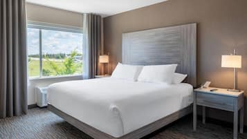 Hypo-allergenic bedding, desk, laptop workspace, blackout drapes