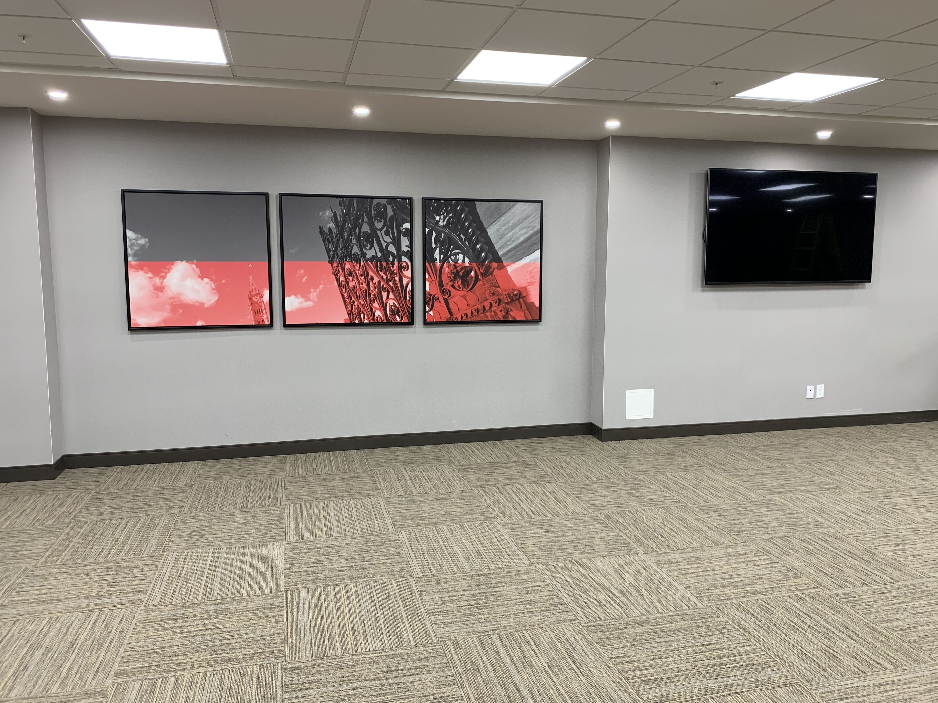Een vergaderruimte met een visgraatmotief vloerkleed, drie ingekaderde kunstwerken aan de muur en een flatscreen televisie die aan de wand is bevestigd.