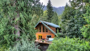 A cabin with a deck, surrounded by dense forest and mountains. - Bonny Sky Lodge- private riverfront log cabin w/ mountain view, hot tub, generator backup! (Gold Bar)