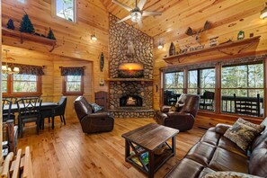 Una televisión, una chimenea, videojuegos, un reproductor de DVD