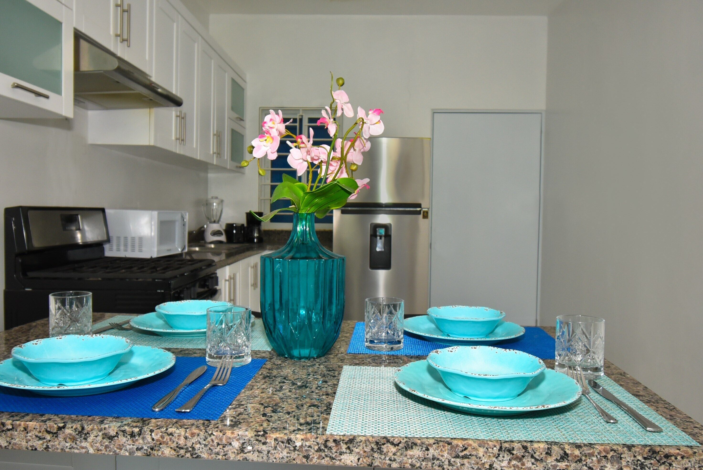 Fridge, microwave, oven, stovetop