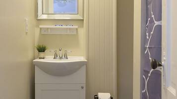 A bathroom with a white sink, a mirror above it, a small plant on the sink, and a towel rack with a towel.