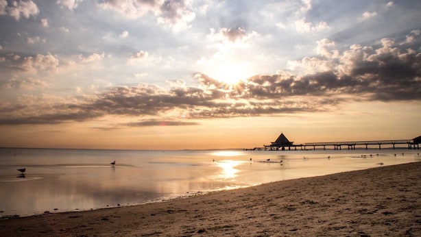 Ein Strand mit einem Steg, der sich in ruhiges Wasser erstreckt, ein klarer Himmel und ein Sonnenuntergang.