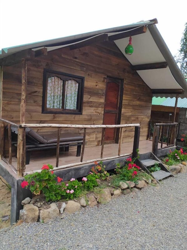Una cabaña de madera con un porche, un banco y un pequeño jardín lleno de flores.