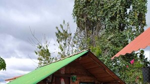 Una cabaña de madera rústica con techo verde, rodeada por un camino de grava y flores rojas vibrantes.