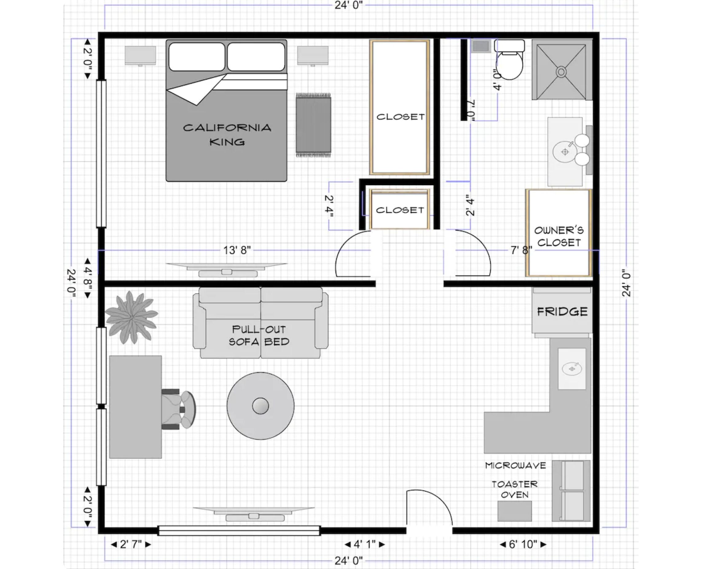 A floor plan of a hotel room with a pull-out sofa bed, a California King bed, a closet, a kitchenette with a microwave and toaster oven, and a fridge.