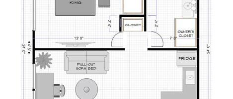 A floor plan of a hotel room with a pull-out sofa bed, a California King bed, a closet, a kitchenette with a microwave and toaster oven, and a fridge.