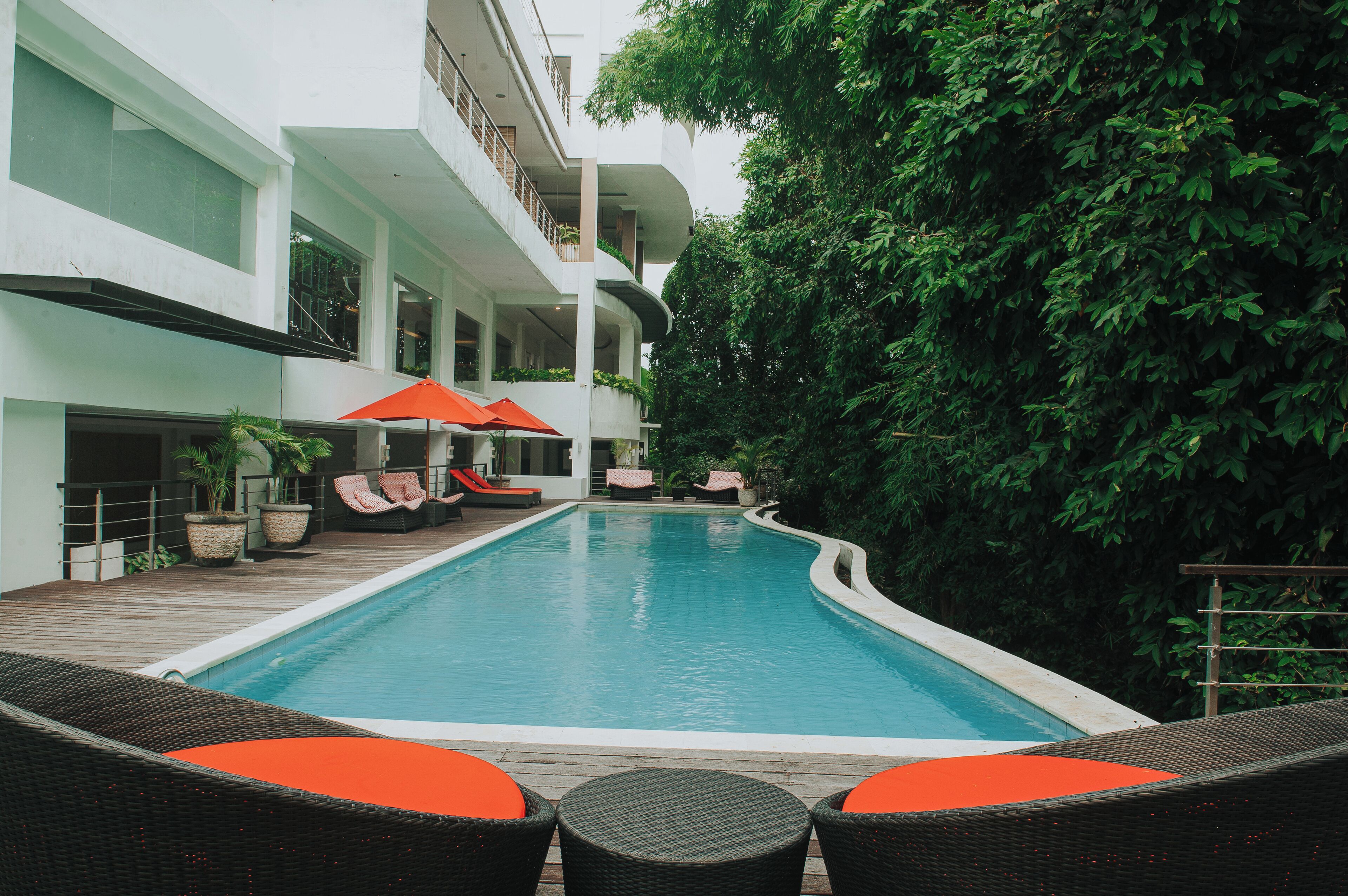 Una piscina con sillones de descanso y sombrillas, rodeada de vegetación y un edificio de varios niveles.