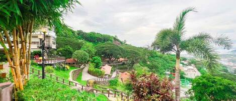 A lush garden with a wooden walkway, bamboo plants, and a variety of greenery.