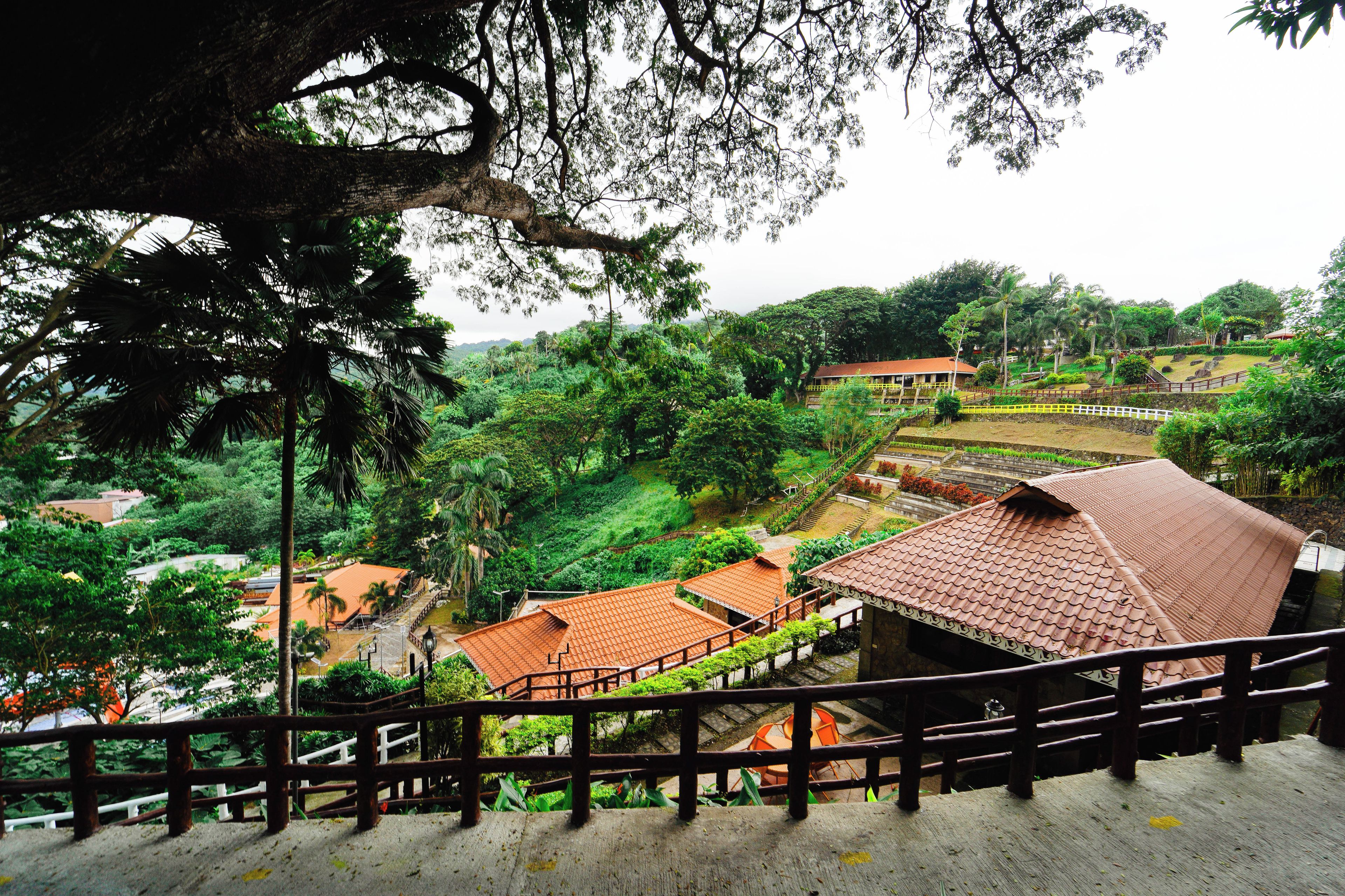 A traditional building with a tiled roof, surrounded by lush greenery and a wooden fence.