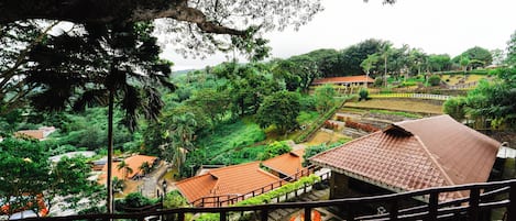 A traditional building with a tiled roof, surrounded by lush greenery and a wooden fence.
