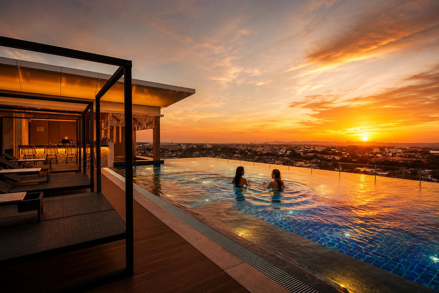 An infinity pool with a sunset view, a bar area, and lounge chairs.