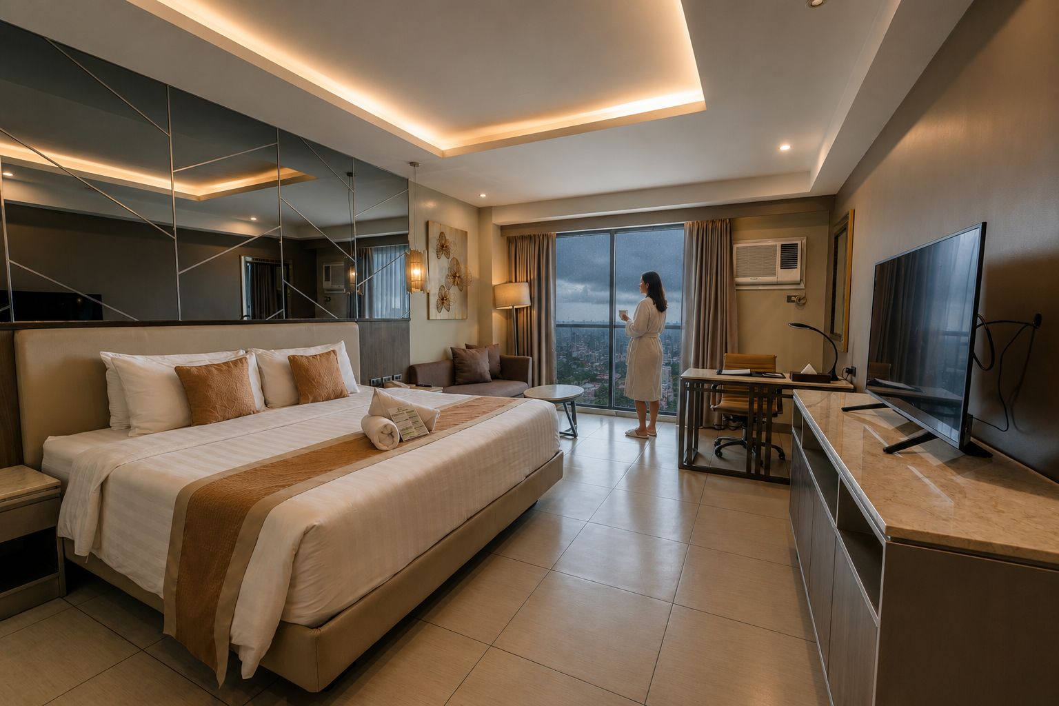 A modern hotel room with a large bed, a desk, a television, and a city view.