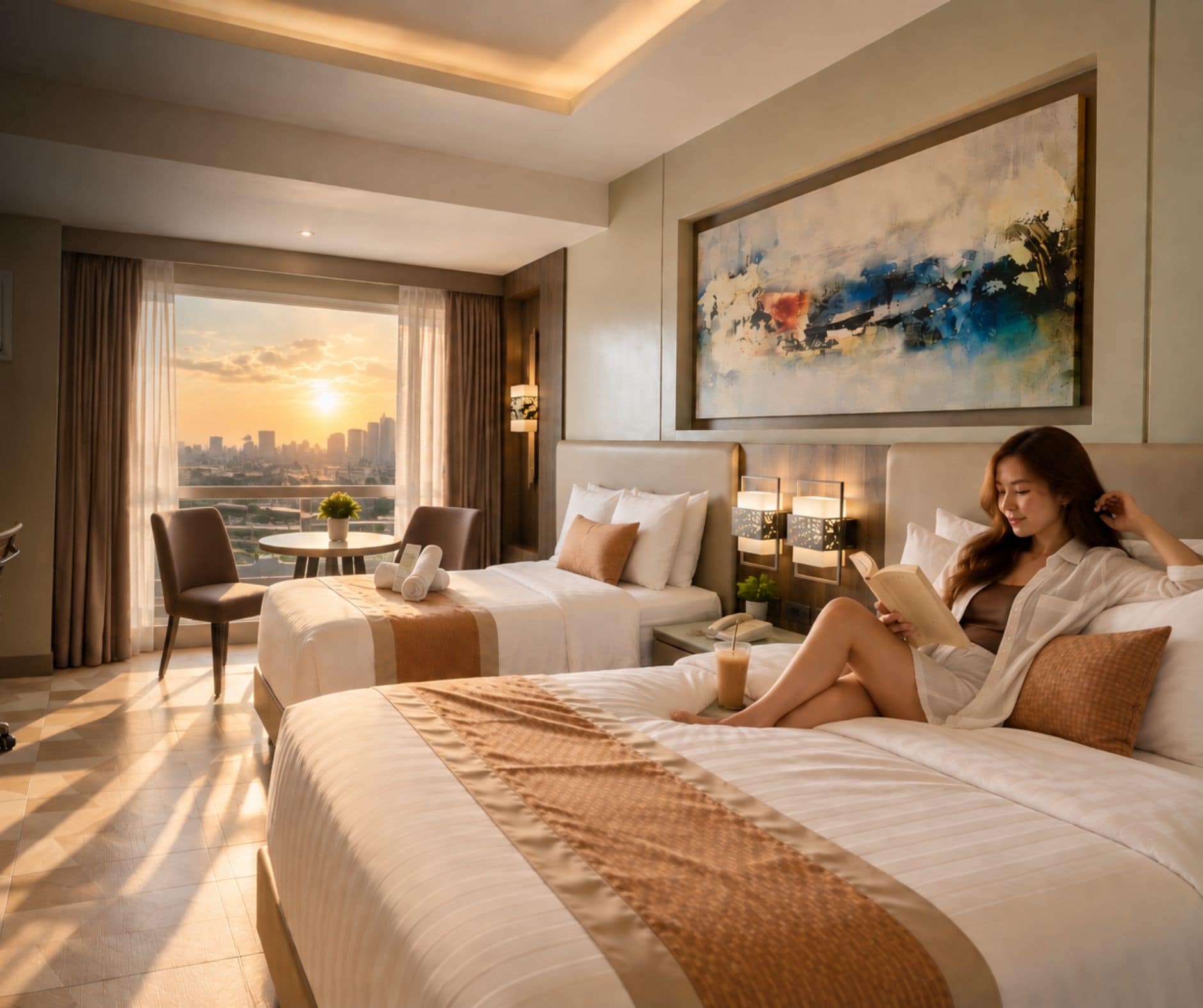A hotel room with two beds, a city view, a painting, and a reading area.