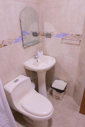 A small bathroom with a toilet, sink, and a trash bin.