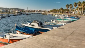 Una marina con barcos amarrados a lo largo de un muelle de madera, rodeada por un pueblo costero y palmeras.