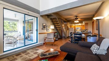 TV connectée, cheminée, livres