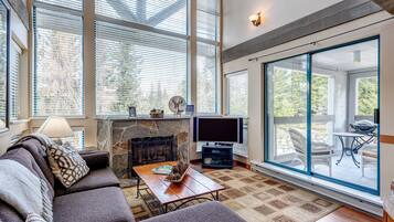 TV connectée, cheminée, livres