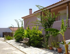 A paved pathway leading to a building with a tiled roof, surrounded by lush greenery and a bench.