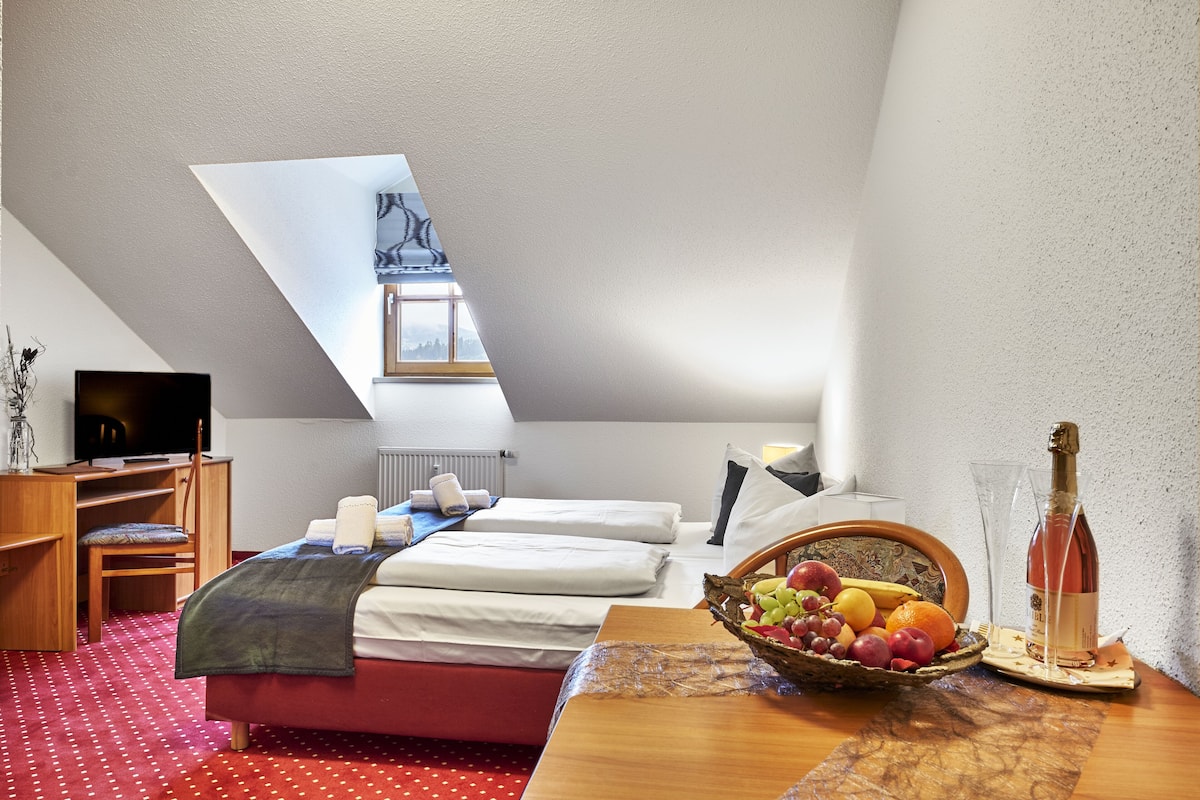 A bedroom with a bed, a desk, a chair, a TV, a window, and a fruit bowl with a bottle.