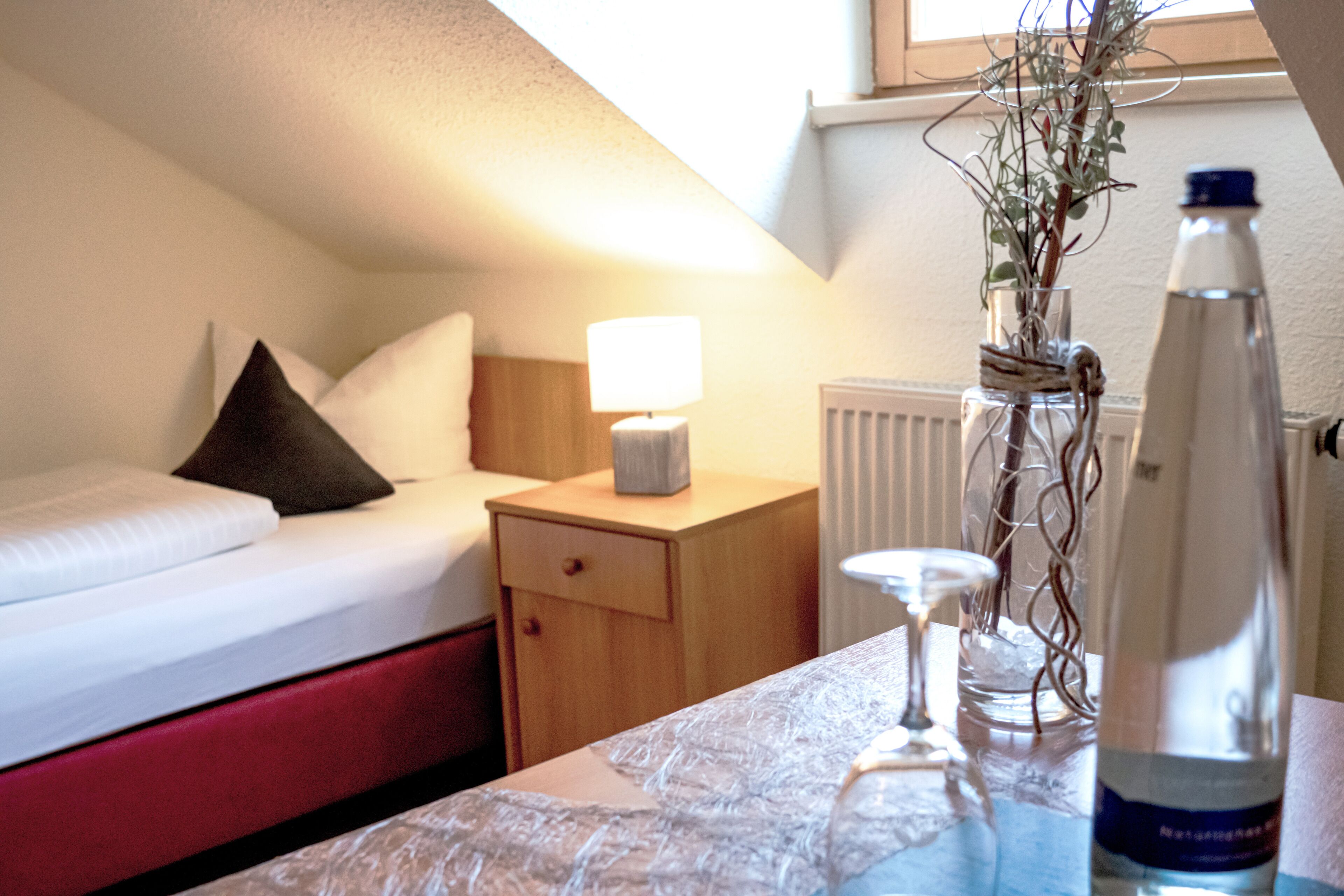 Habitación de hotel con cama, mesita de noche, lámpara, florero con planta y botella de agua.