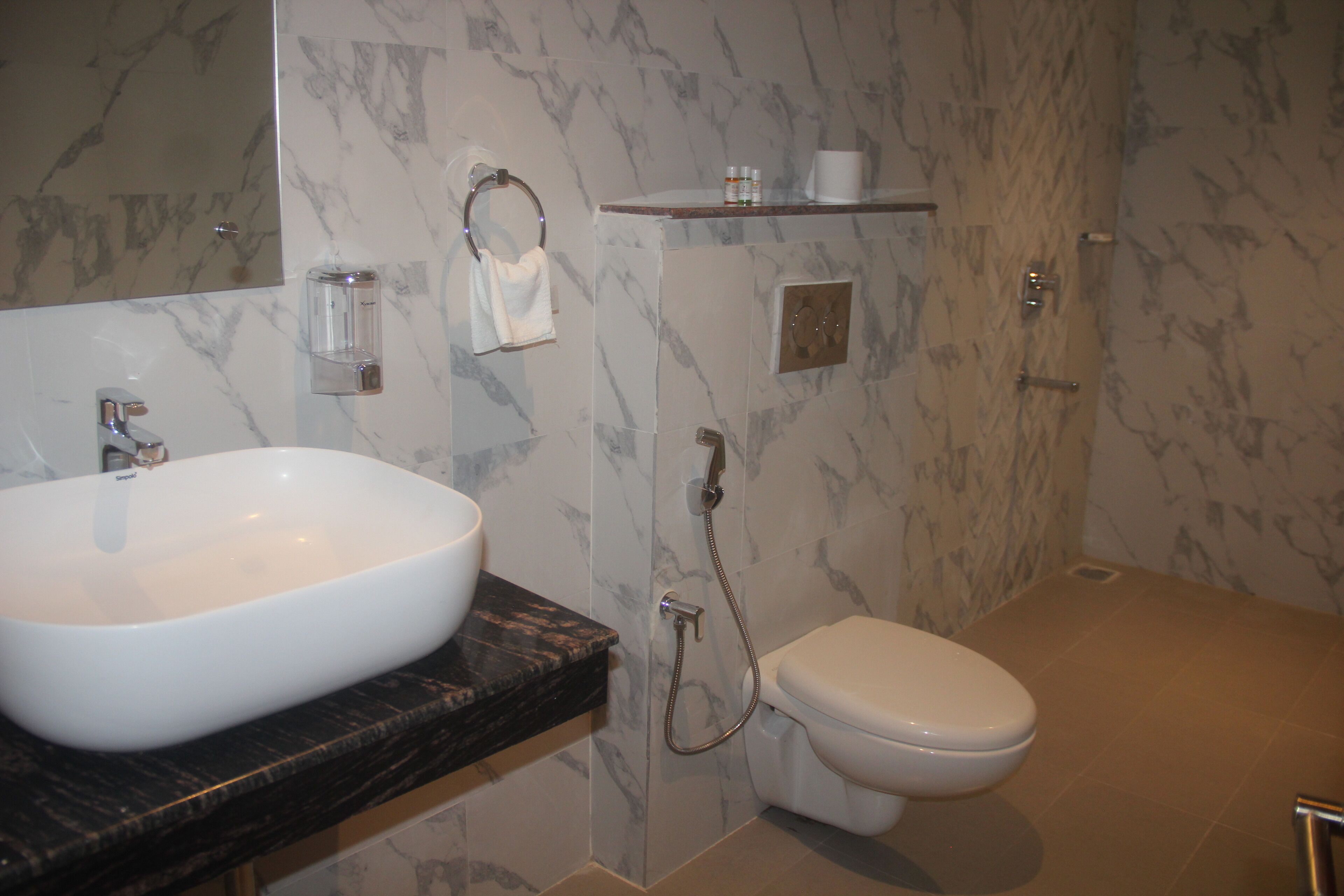 A bathroom with a white sink, a toilet, and a shower.