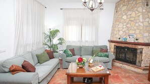 En stue med to grå sofaer, et sofabord med en blomsterdekoration og en pejs af sten.