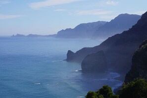 A coastal landscape with cliffs and a clear view of the sea.