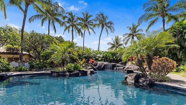Ein Pool, umgeben von tropischer Vegetation und Palmen.