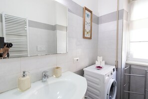 Shower, hair dryer, bidet, towels