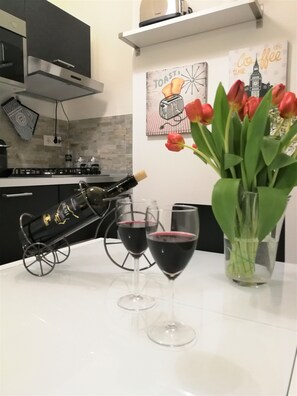 Fridge, microwave, stovetop, espresso maker