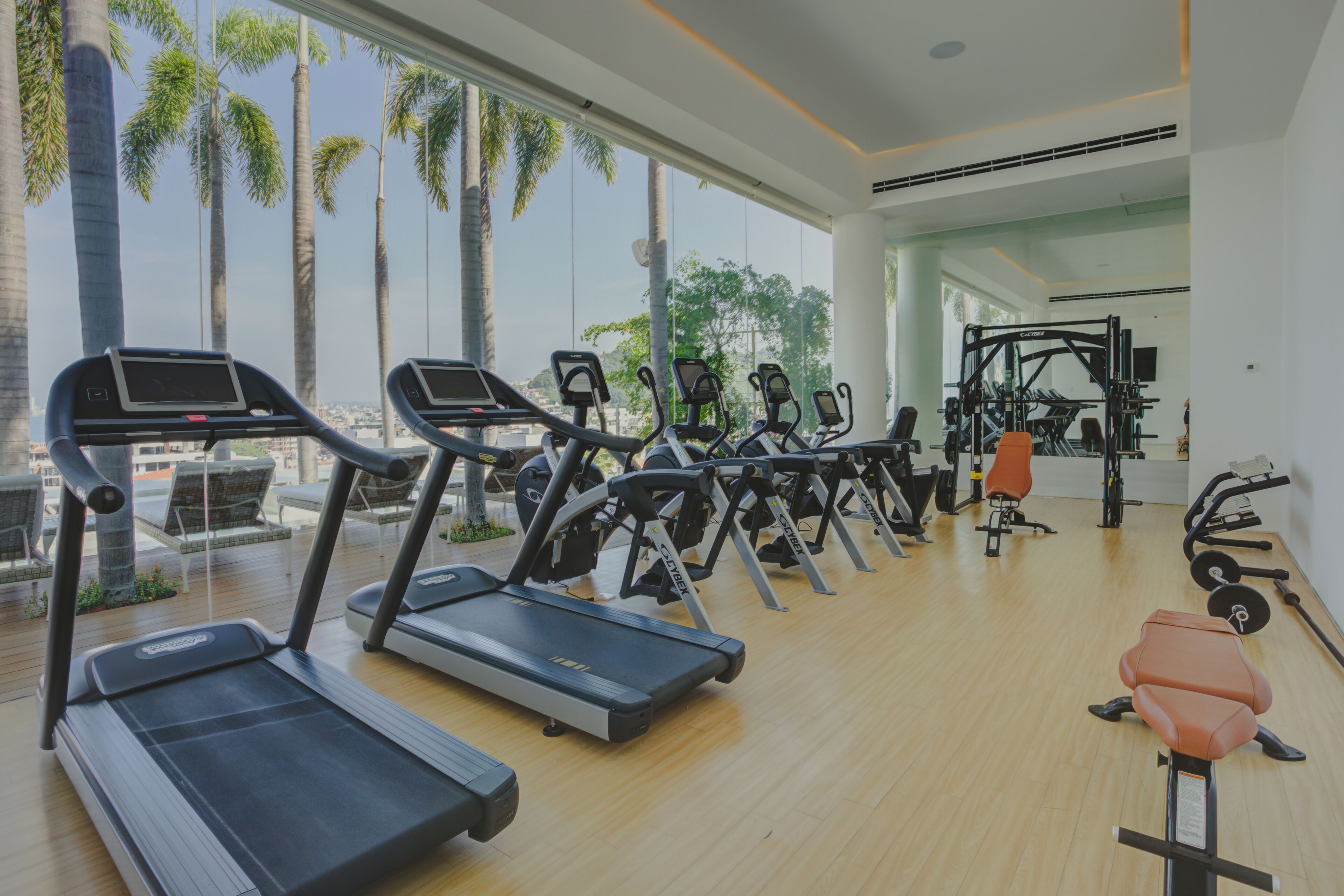 Une salle de sport équipée de tapis de course, d’appareils de musculation et d’un banc.