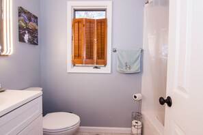 Bathtub, hair dryer, towels, soap