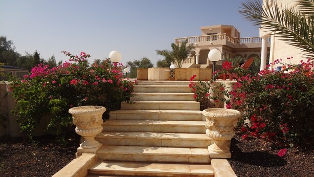 A set of stone steps leading to a building with a balcony, surrounded by flowering plants and a clear sky.