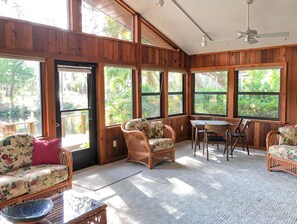 TV, fireplace, books