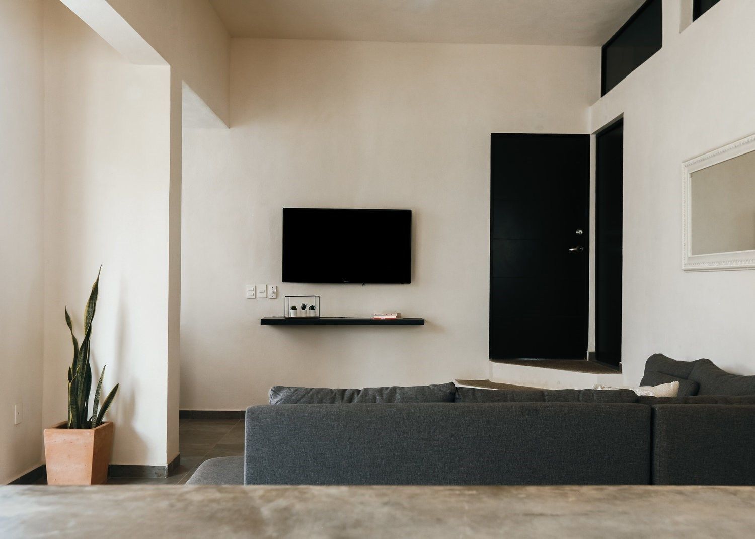 A modern living room with a grey sofa, a flat-screen TV mounted on the wall, a small shelf with decorative items, and a potted plant.