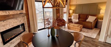 Smart TV, fireplace, books